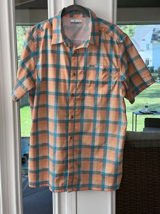 Columbia Men’s Short Sleeve Plaid Shirt - Teal & Peach - Picture 1 of 2